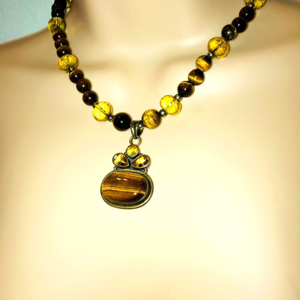 Warm Shades of Autumn Tigereye and Citrine Pendant Sterling Silver Necklace.